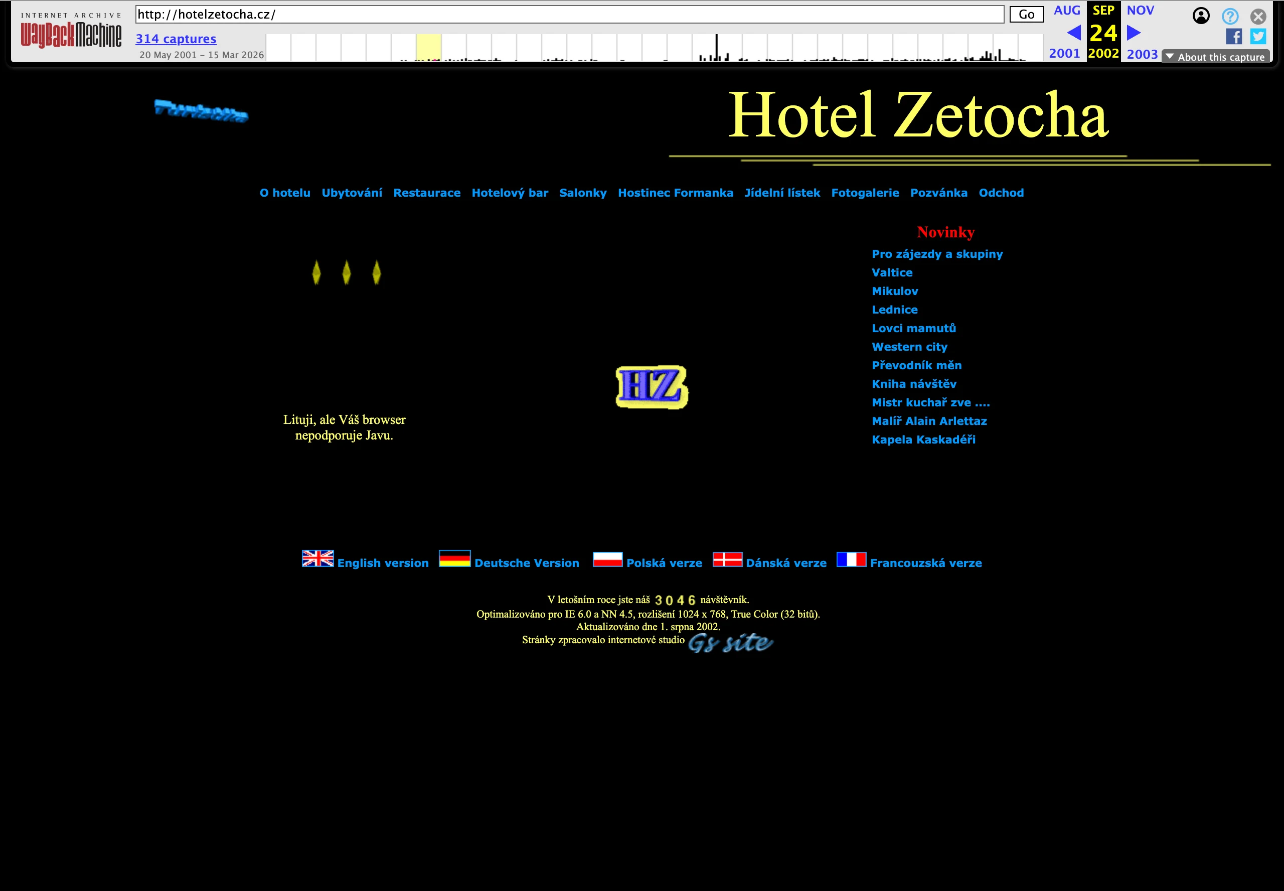 Hotel Zetocha – web v září 2002